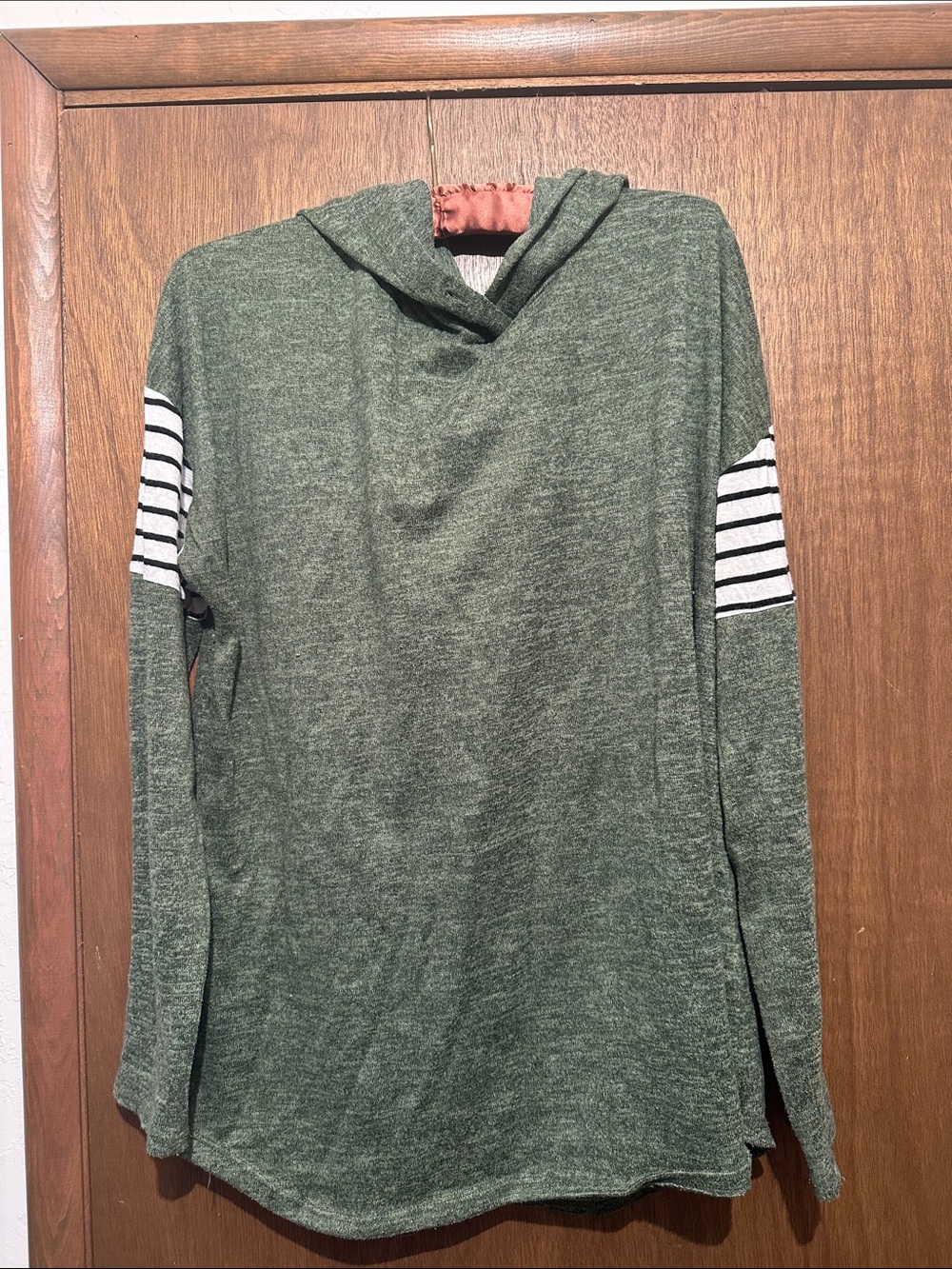 Women's Olive Green Hooded Sweater with Striped Elbow Detail